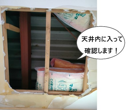 事務所雨漏り　天井内に入って点検